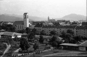 Freiburg: Tuberkulose-Klinik, von der Dachterrasse, Fernsicht zur Stadt