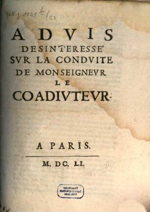 Advis desinteressé sur la conduite de Monseigneur le coadiuteur