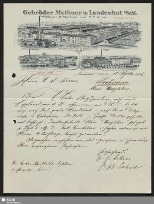 Gebrüder Methner in Landeshut i/Schl., Inhaber: P. Methner und H. Frahne : Anschreiben