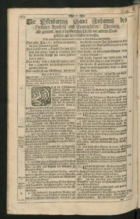 Die Offenbarung Sanct Johannis des (Heiligen Apostels und Evangelisten) Theologi, ...