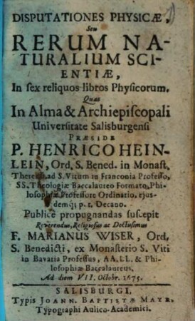 Disputationes Physicae, Seu Rerum Naturalium Scientiae : In sex reliquos libros Physicorum