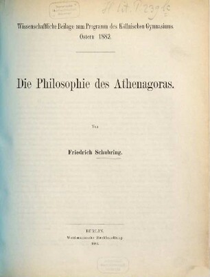 Die Philosophie des Athenagoras