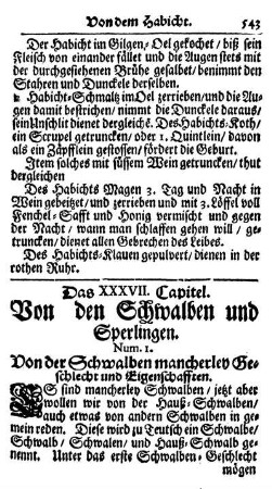 Das XXXVII. Capitel. Von den Schwalben und Sperlingen.
