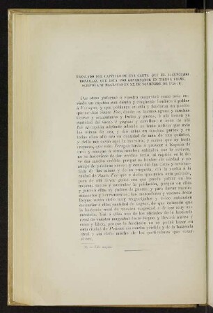 Treslado del capítulo de una carta que el licenciado Monjaraz, que está por governador en Tierra Firme, scrivió á su magestad en XX de novienbre de 1558 (1).