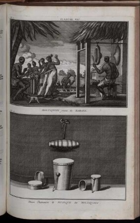 Planche XXV. : N. 1. Muluquois jouant du Rabana ; N. 2. Divers Instrumens de Musique des Muluqouois