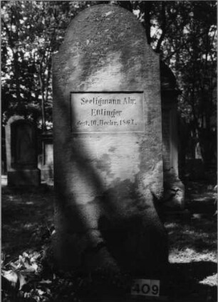 Grabstein 409 (Index: 99629910) Material: Sandstein Zustand: verwittert/wenig Textverlust Maße HxBxT: 170x62x8 cm Beschreibung: Stele mit eingezogenem Runbdogenabschluß: Grabstein 409