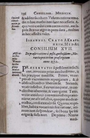 Consilium XVII. De praeservatione a peste, quibusdm Moraviae proceribus praescriptum anno 1572