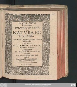 Partitionum Theologicarum Disputatio XXVII, De Natura Ecclesiae,