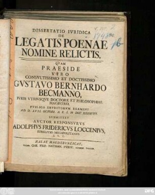 Dissertatio Ivridica De Legatis Poenae Nomine Relictis