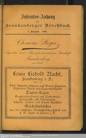 Anzeigen : Inseraten-Anhang zum Frankenberger Adreßbuch