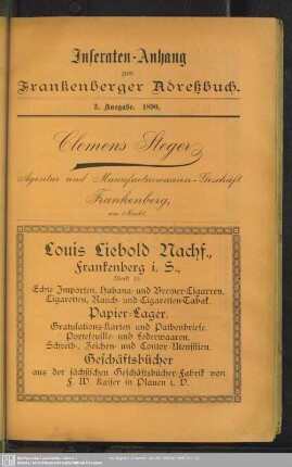 Anzeigen : Inseraten-Anhang zum Frankenberger Adreßbuch