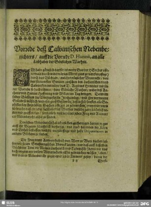 Vorrede des Calvinischen Nebenberichters / auff die Vorrede D. Hunnii, an alle Liebhaber der Göttlichen Wahrheit