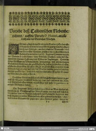 Vorrede des Calvinischen Nebenberichters / auff die Vorrede D. Hunnii, an alle Liebhaber der Göttlichen Wahrheit