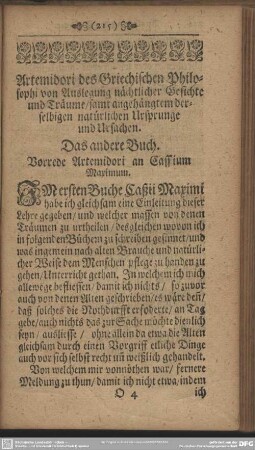 Das andere Buch. Vorrede Artemidori an Cassium Maximum