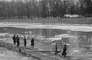 Eisschollen auf der Weißen Elster : Eisschollen auf der Weißen Elster. Am Ufer Personen.