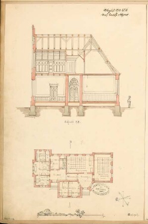Dorfschule Monatskonkurrenz August 1878: Grundriss, Querschnitt; Maßstabsleiste