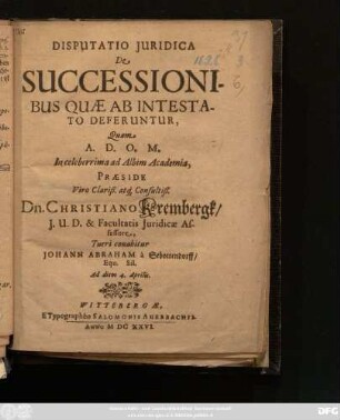 Disputatio Iuridica De Successionibus Quae Ab Intestato Deferuntur