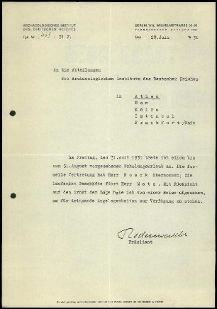 G. Rodenwaldt an DAI alle Abteilungen