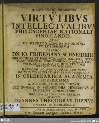 Dissertatio Solemnis De Virtutibus Intellectualibus Philosophiae Rationali Vindicandis