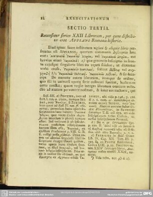 Sectio Tertia. Recensetur series XXII Librorum, per quos distributa erat Appiani Romana historia