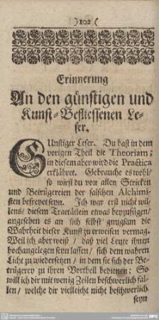 Erinnerung An den günstigen und Kunst-Befliessenen Leser.