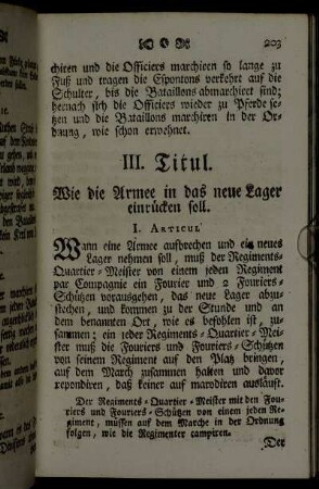 III. Titul. Wie die Armee in das neue Lager einrücken soll.