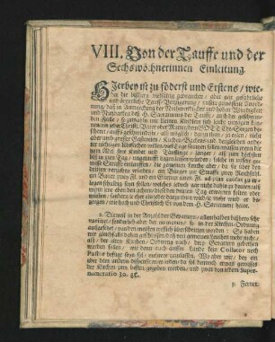 VIII. Von der Tauffe und der Sechswöchnerinnen Einleitung.