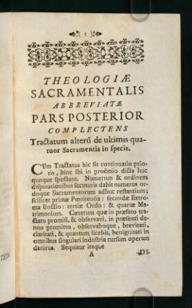 1-223, Pars Posterior. Complectens. Tractatum alteru de ultimis quatuor Sacramentis in specie