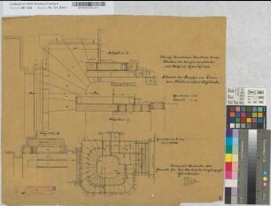 Neubau des Empfangsgebäudes [Bahnhof] Gelsenkirchen: Details der Treppe im Turm des Stationsgebäudes, M.~1:25 und M.~1:10 Hge, Sknr.: 1, Fanr.: 14, Bunr.: 24