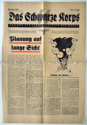 Wochenzeitung der SS "Das Schwarze Korps" mit Titel zur Rationierung von Benzin und Lebensmitteln im Krieg