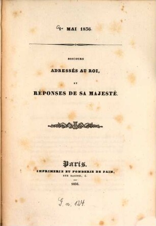 Discours adressés au Roi, et réponses, de Sa Majesté : 1. mai 1836