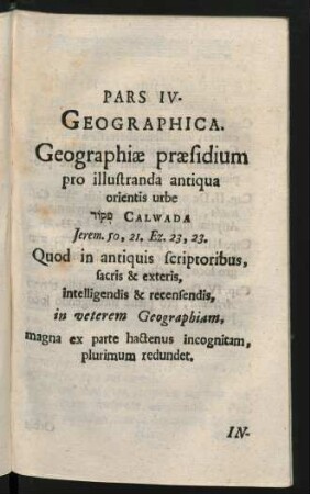 Pars IV. Geographica. Geographiae praesidium pro illustranda antiqua ...