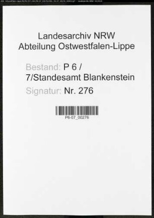 Sterberegister Standesamt Blankenstein/Ruhr
