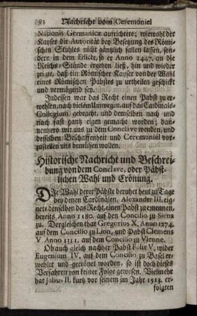 Historische Nachricht und Beschreibung von dem Conclave, oder Päbstlichen Wahl und Crönung.