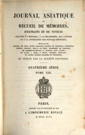 Journal asiatique : périodique semestriel. 8. 1846