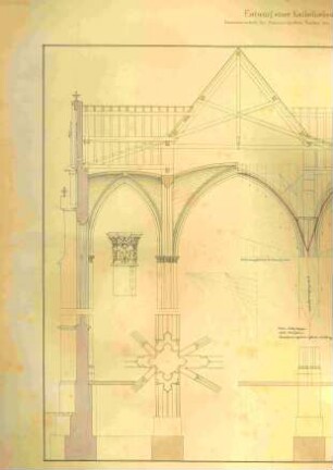 Entwurf für eine fiktive Katholische Kirche, Konstruktionszeichnung, Aufriss, Querschnitt durch das Hauptschiff und die Seitenschiffe mit Kräftemaßstab sowie Aufrisses der Arkadenzone