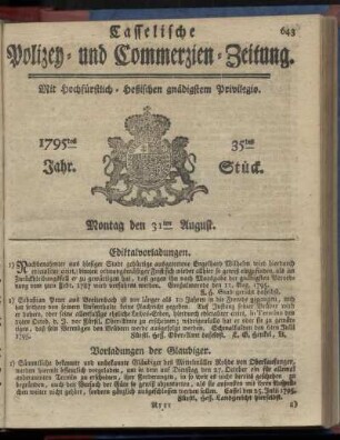 35tes Stueck, Montag den 31ten August 1795