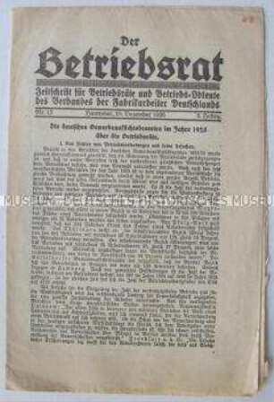 Mitteilungsblatt für Betriebsräte und Betriebs-Obleute des Verbandes der Fabrikarbeiter Deutschlands