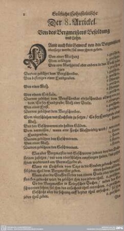 Der 8. Artickel. Von des Bergmeisters Besoldung und Lohn.