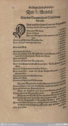Der 8. Artickel. Von des Bergmeisters Besoldung und Lohn.