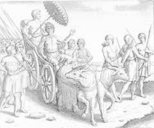 Der König von Bali wird auf einem stattlichen Wagen von weißen Büffeln heimgeführt - Buchseite aus de Bry, India I