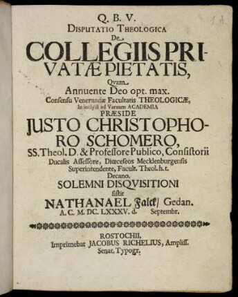 Disputatio Theologica De Collegiis Privatae Pietatis