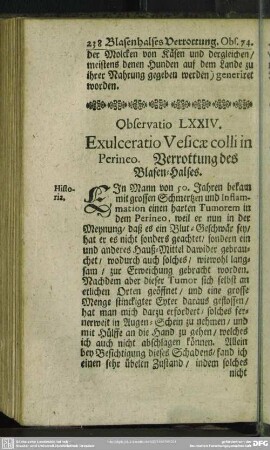 Observatio LXXIV. Exulceratio Vesicae collin in Perineo. Verrottung des Blasen-Halses