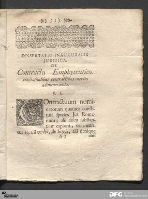 Dissertatio Inauguralis Juridica. De Contractu Emphyteutico consensualibus contractibus merito adnumerando.