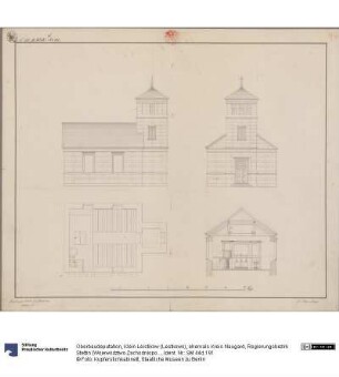 Klein Leistikow (Lestkowo), ehemals Kreis Naugard, Regierungsbezirk Stettin (Województwo Zachodniopomorskie). Entwurf zu einer Kirche. Grundriss, Querprofil, Vorder- und Seitenansicht