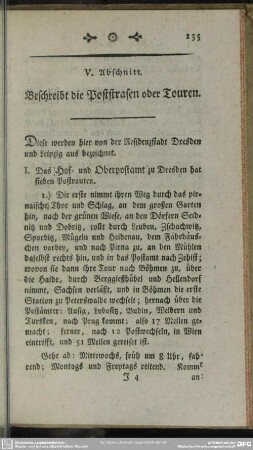 V. Abschnitt. Beschreibt die Poststrasen oder Touren