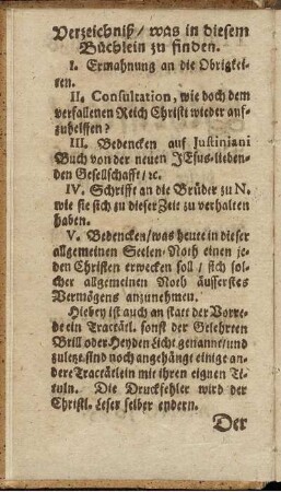 Verzeichniß/ was in diesem Büchlein zu finden.