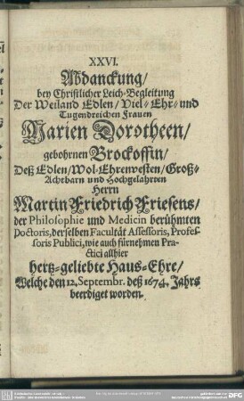 XXVI. Abdanckung, ... Frauen Marien Dorotheen, gebohrnen Brockoffin, deß ... Herrn Martin Friedrich Friesens ... Haus-Ehre