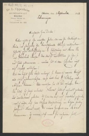 Brief an Ludwig Strecker  und B. Schott's Söhne : 02.09.1895