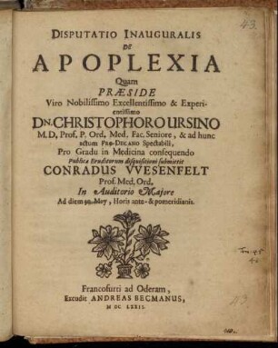 Disputatio Inauguralis De Apoplexia